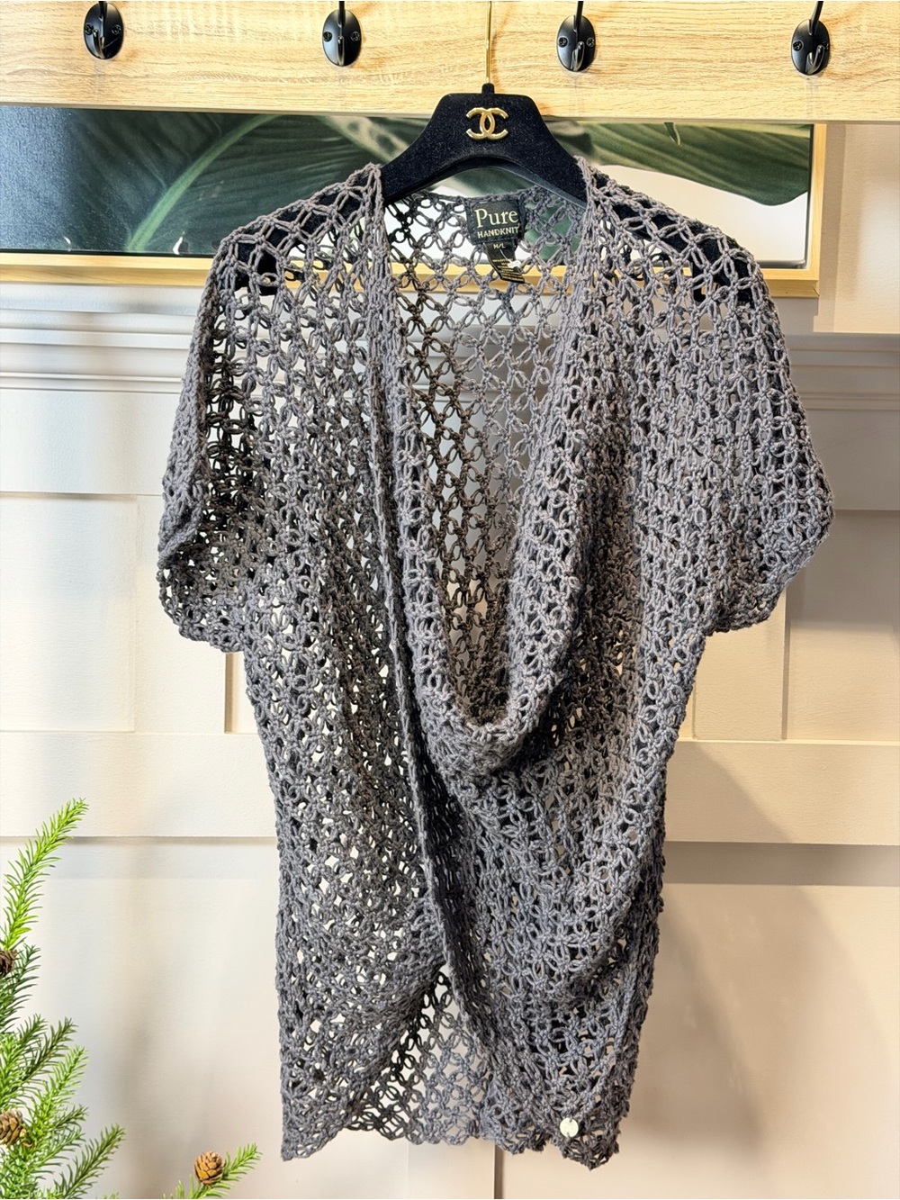 Pure Handknit Gray Open-Weave Short-Sleeve Sweater short-sleeve wrap top M/L